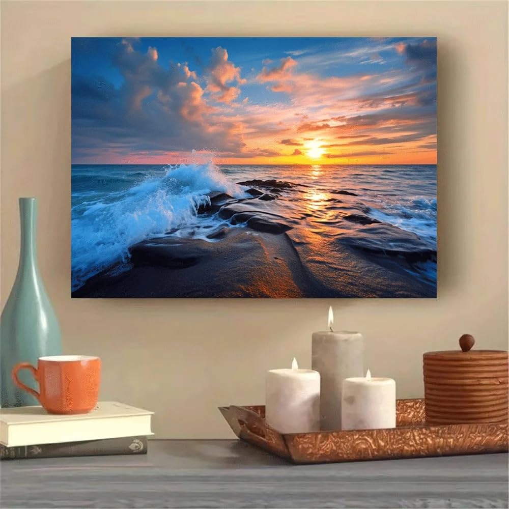 GOSRD Canvas Print Poster Wall Decoration Ocean Sunset Waves Rocks Coastal View Nature Landscape Art(70x100CM/Frameless)