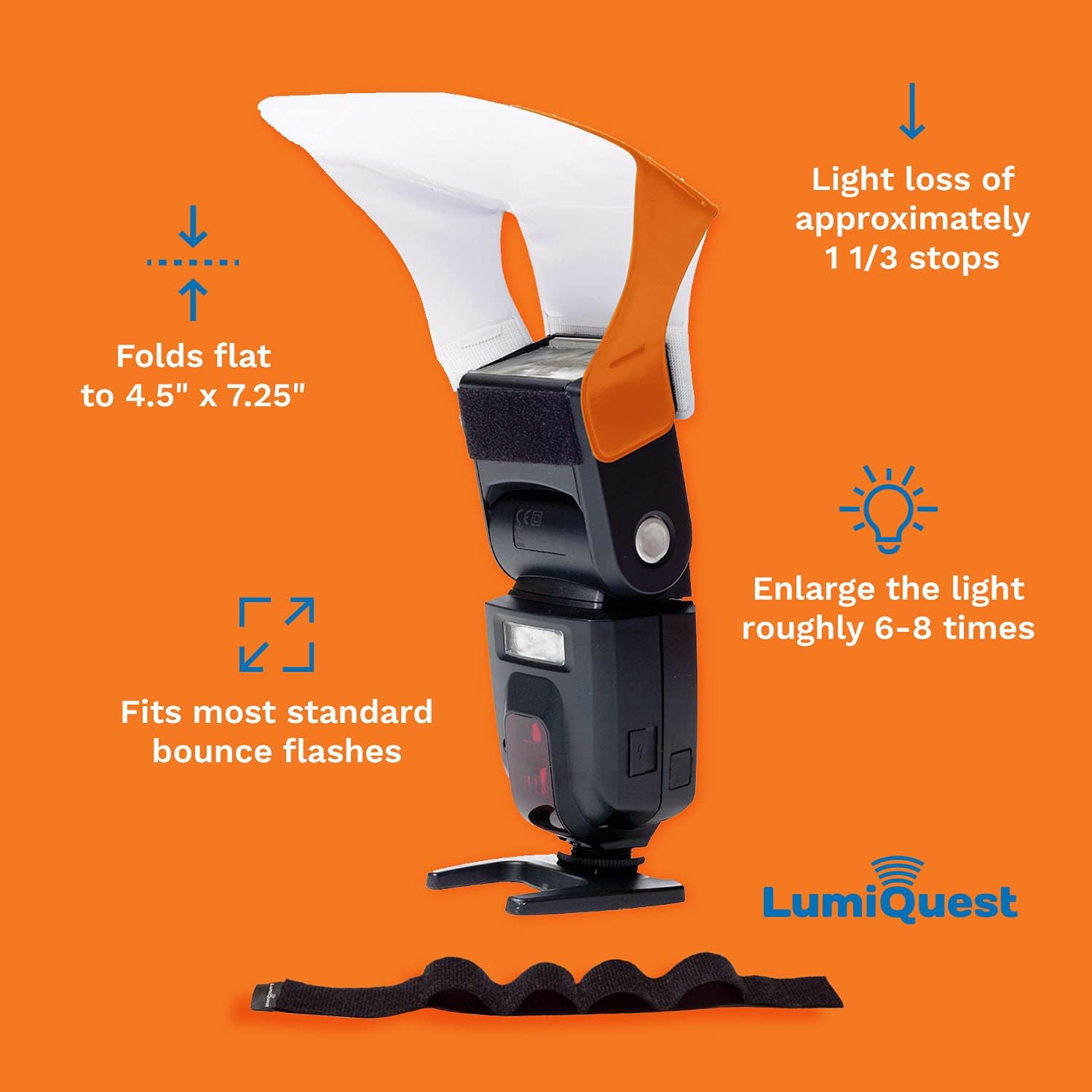 LumiQuest Flash Pocket Bouncer, Flash Diffuser with UltraStrap, Universal Classic Design for External Camera Flashes, Photography Lighting, Light for Pictures, Studio Lights, Orange