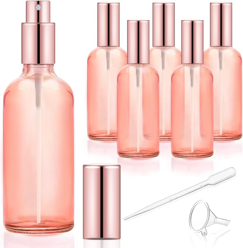 Frascos de vidro com spray fino DMuuuDM rosa, 100 mL, pacote com 6 e funil