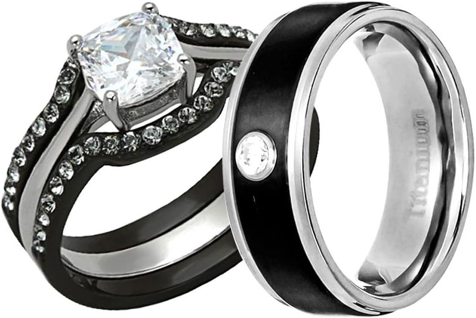 Couple His and Hers Stainless Steel Wedding Engagement Black Women Cushion CZ Ring Sets Men Titanium Band MC