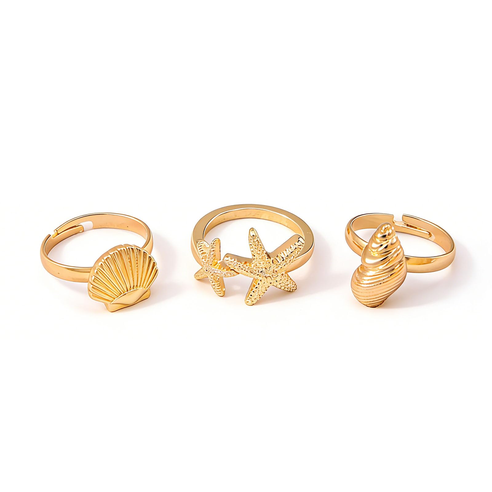 Dtexhif 3 Pcs Gold Conch Shell Starfish Rings Set for Women Adjustable Chunky Open Stackable Boho shell Starfish Rings Summer Beach Jewelry