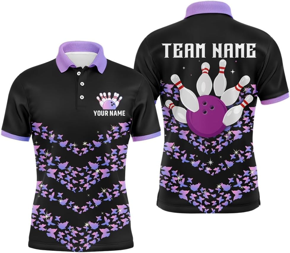 Butterflies Bowling Shirt for Men Women Custom Purple Bowling Jersey Polo& Quarter Zip Bowling Unisex