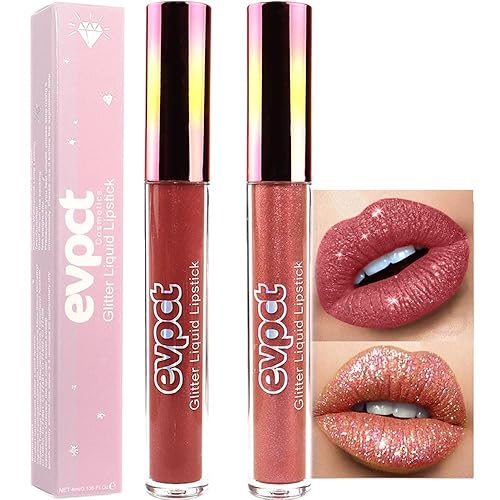 evpct Juego de 2 lápices labiales líquidos color rojo malva y bronce dorado mate a purpurina de larga duración para mujeres con diamantes,