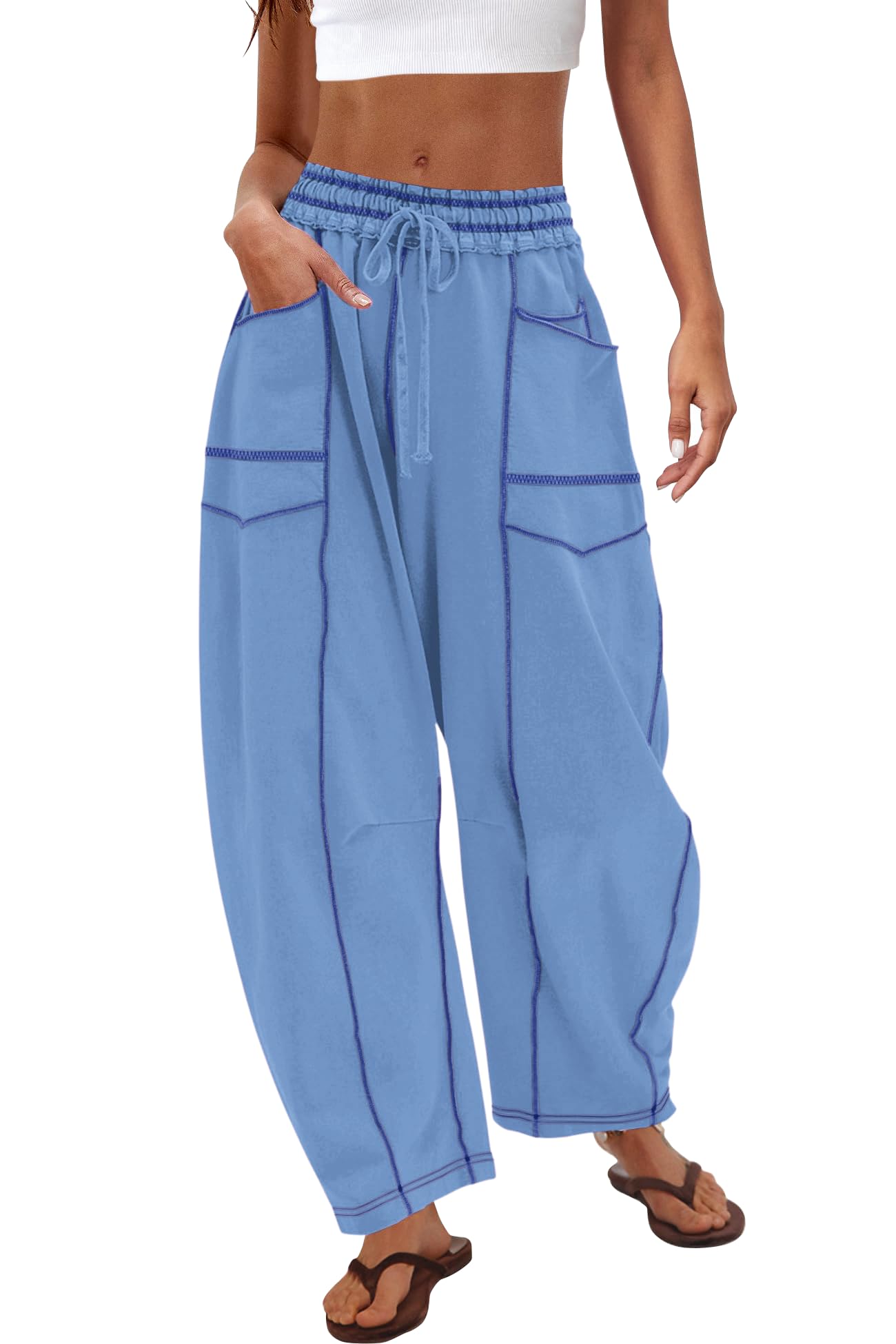 Dokuritu Barrel Sweatpants Women Casual Drawstring Elastic Waist Wide Leg Sweatpant with Pockets Lounge Baggy Pants