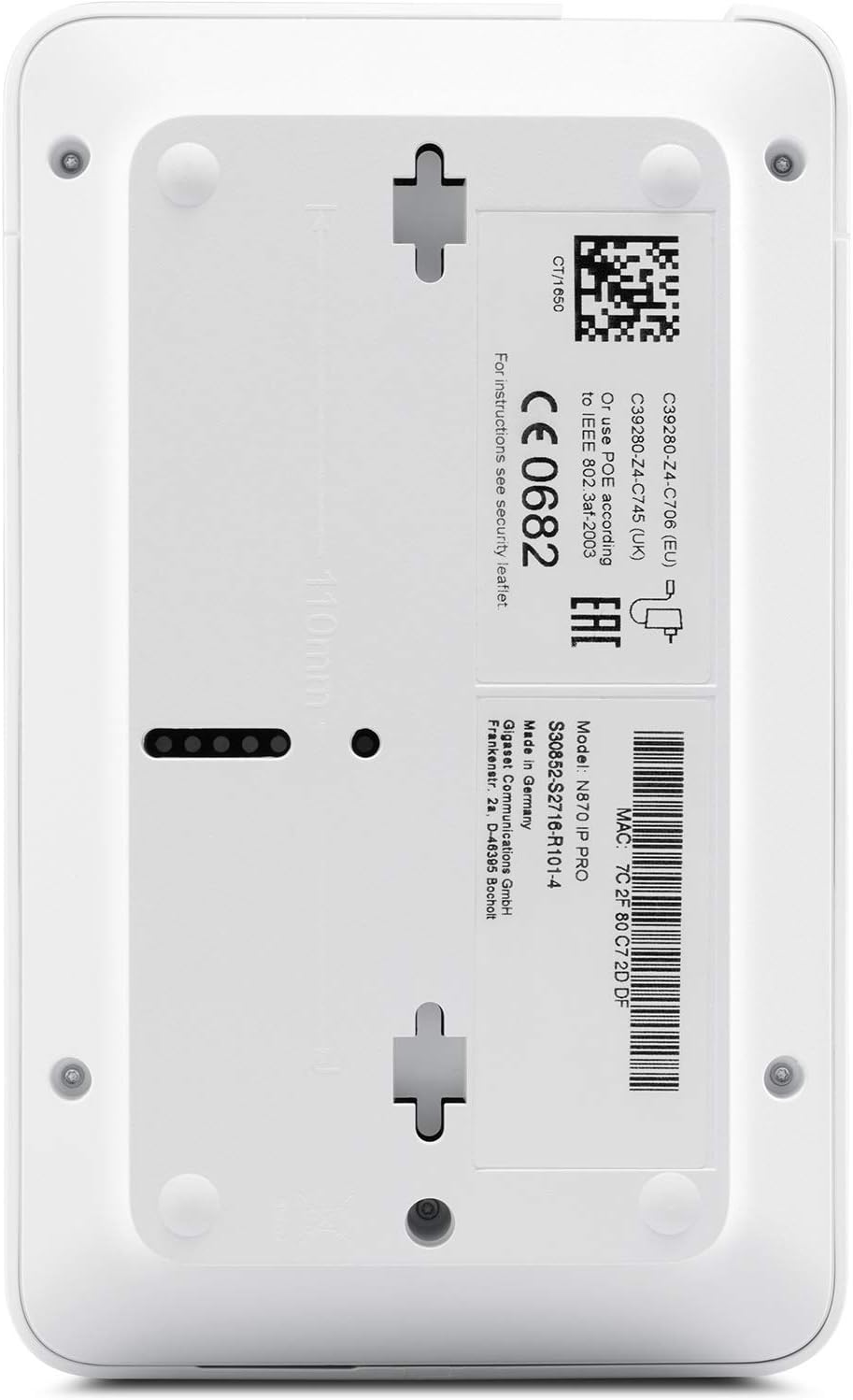 Zadní view of the Gigaset N670 IP Pro DECT Base Station showing mounting holes and product label