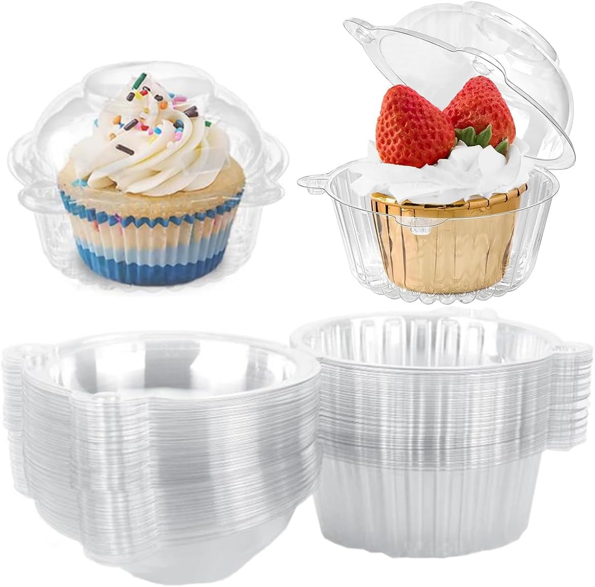 100 Pcs Plastic Single Individual Cupcake Muffin Dome Holders Cases Boxes Cups Pods