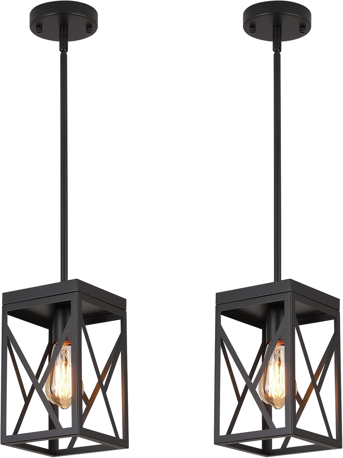 2 Pack Rustic Farmhouse Metal Pendant Light Fixture One-Light Adjustable Rods Modern Metal Lantern Cage Small Pendant Lighting for Kitchen Island Sink Hallway Bathroom Bar Farmhouse, Black