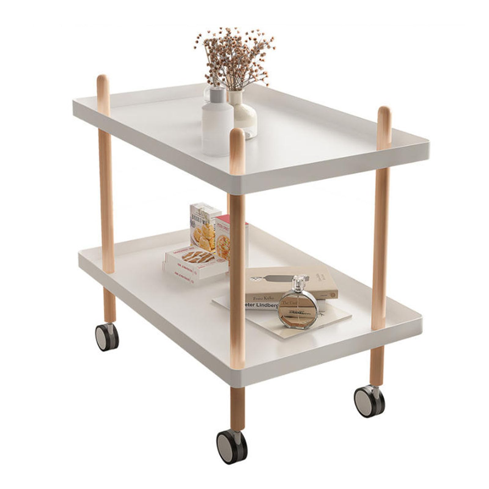 JHAISMAO 2-Tier Rolling Side Table With Wheels, Mobile Wooden End Table For Couch Or Bed, Portable Nightstand With Storage Shelf For Living Room, Bedroom, Small Spaces(Size:50x34x52cm,Color:White)