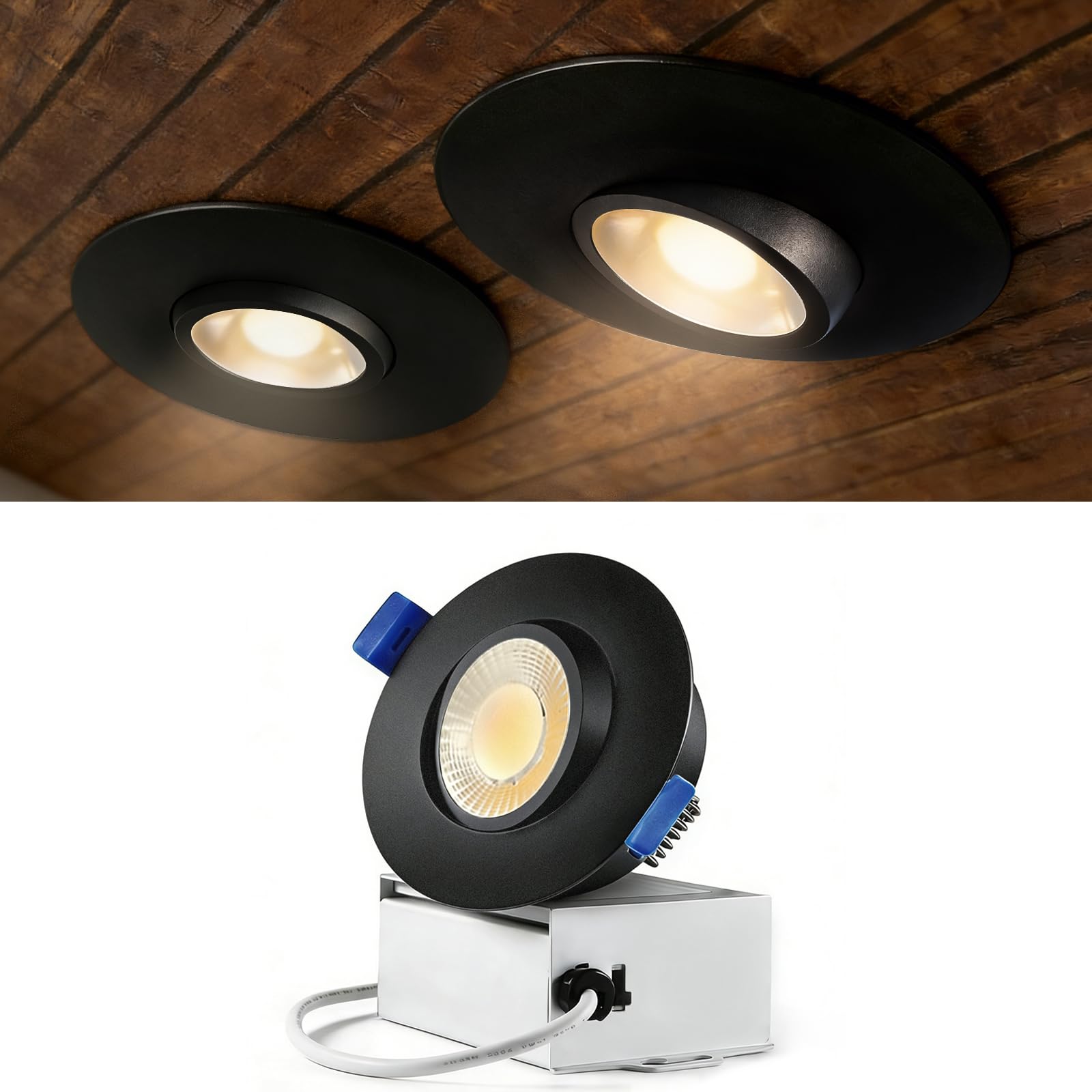 Sublimation Black Black 1 Pack 3 Inch 3CCT Gimbal Led Recessed Light with Junction Box 10w,Waterproof recessed Lights for Shower,3 Colors Adjustable