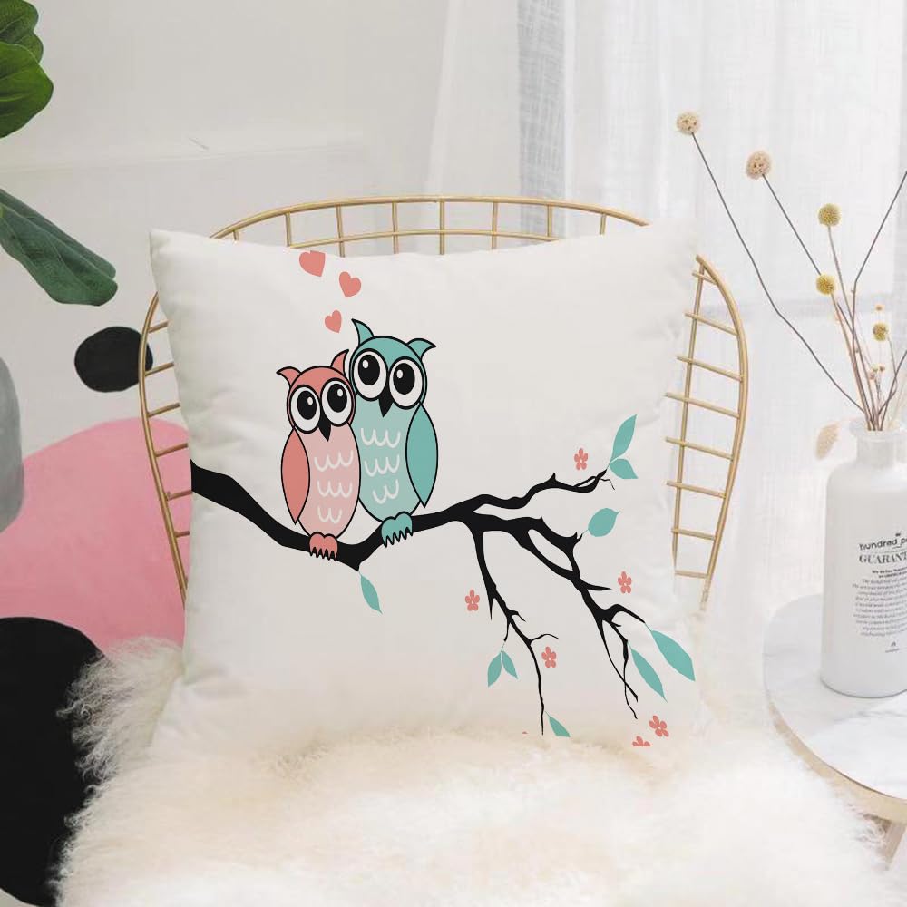 HYOSXW Cushion Cover,Throw Pillow Case Home Decorative for Living Room Bedroom Sofa Chair 16X16 Inch,Owl, pink and green owl perched on the branches, surrounded by love and floral,Pillowcase 40X40cm