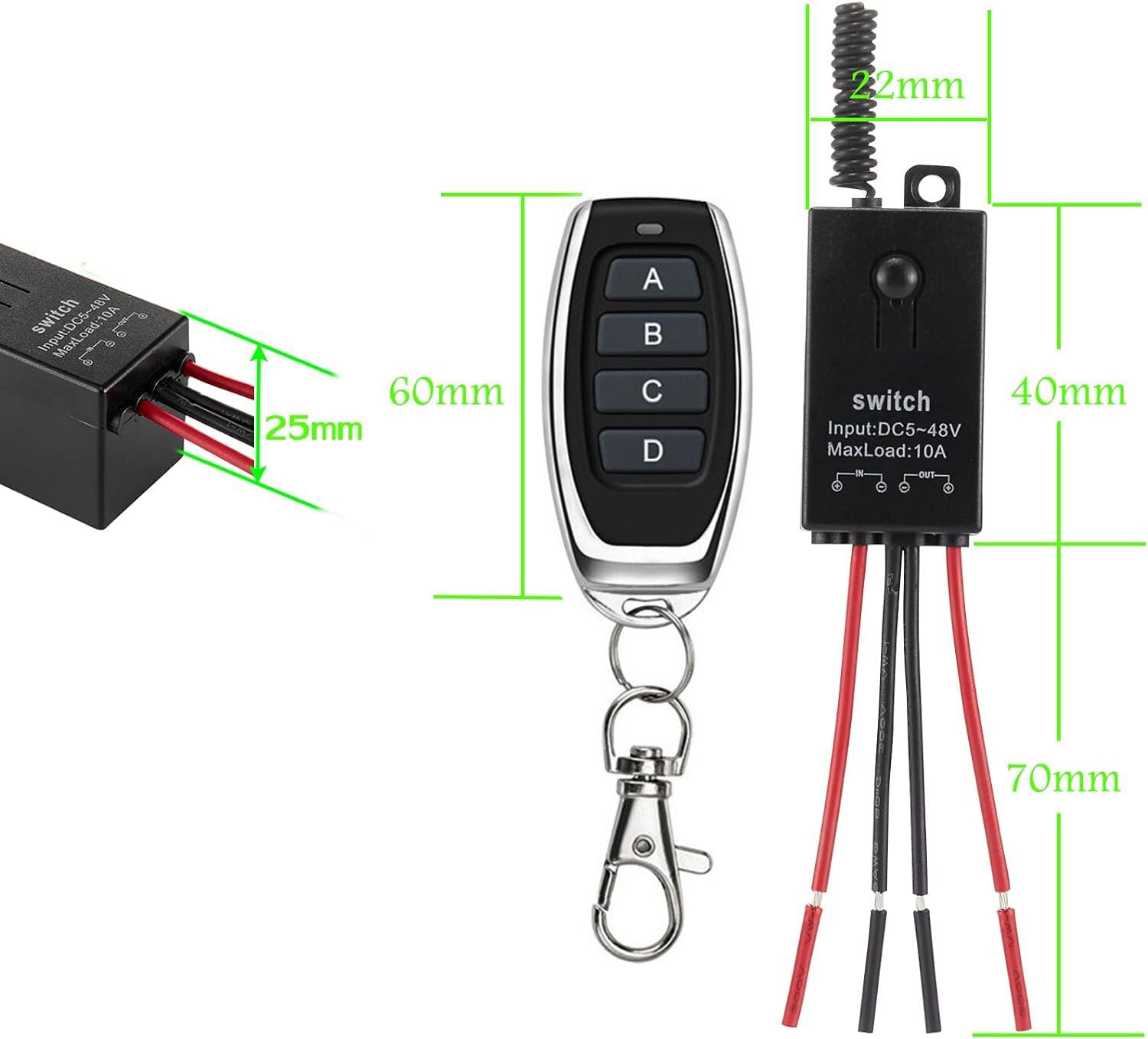 Zestaw bezprzewodowych włączników światła, 4-drożny mini przełącznik, DC 5 V/12 V/24 V/48/10 A, bezprzewodowy włącznik światła, pilot zdalnego sterowania o długości 328 ft, do silnika, światło