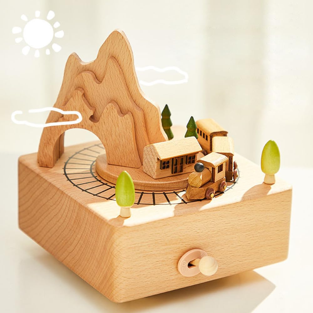 Tazweeq Wooden Music Box, Rotating Musical Box, Featuring Mountain Tunnel with Mini Moving Magnetic Train, Beautiful Wood Musical Crafts, for Boys and Girls, Home Decoration (Castle In The Sky)