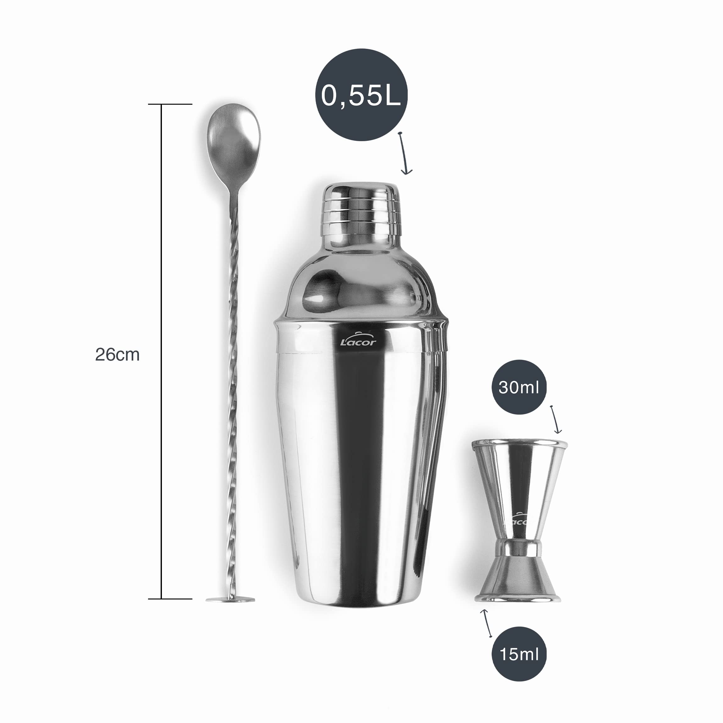 Lacor Kit Cocktail 10 Pezzi, Shaker E Utensili In Acciaio Inox, Supporto In Bambù, 62181, Per Professionisti E Dilettanti