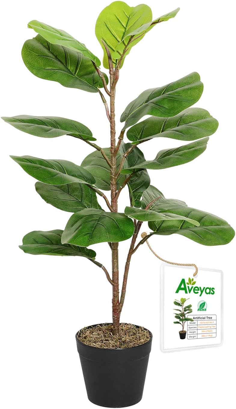 Aveyas 30" Tall Artificial Fiddle Leaf Fig Tree in Plastic Nursery Pot, 30 inch Ficus Lyrata Fake Tropical Plant for Office House Living Room Home Decor (Indoor/Outdoor) 2-3 ft Fiddle Leaf Fig Tree