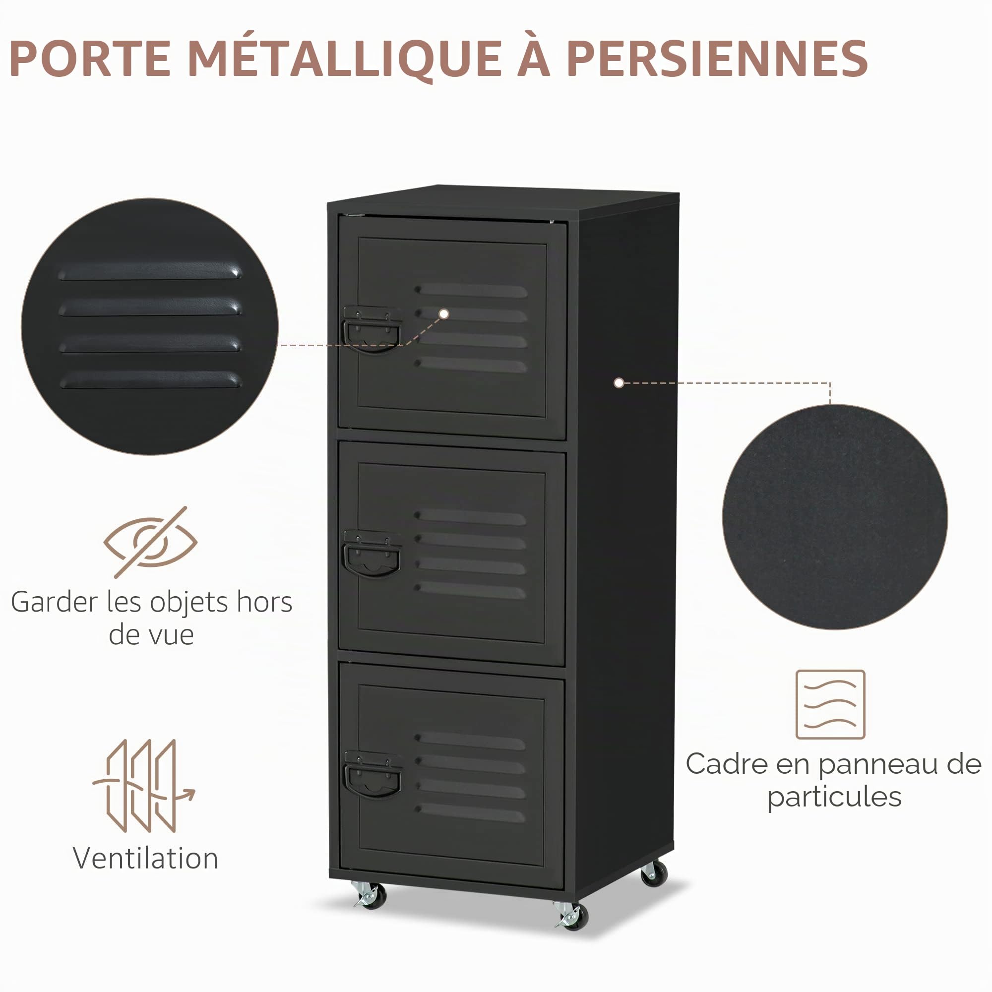 HOMCOM Armoire de Rangement à roulettes à 3 Niveaux avec roulettes et Portes en métal pour Bureau à Domicile, Salon, Noir