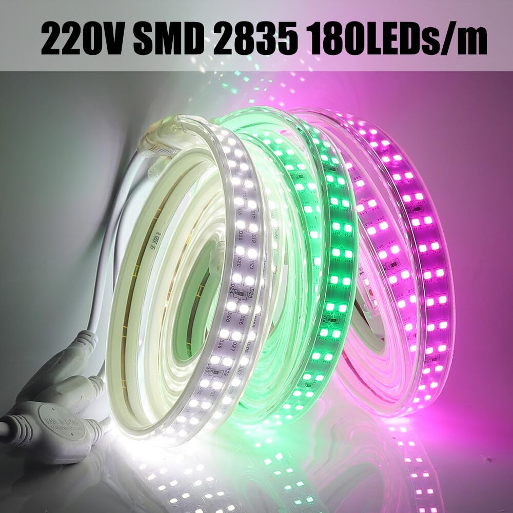 Tira LED de doble fila 220V [50M, Amarillo], IP67 impermeable flexible, SMD2835, 180 LEDs/m Guirnaldas luminosas cortable CRI85+, iluminación decorativa para hogar/comercios
