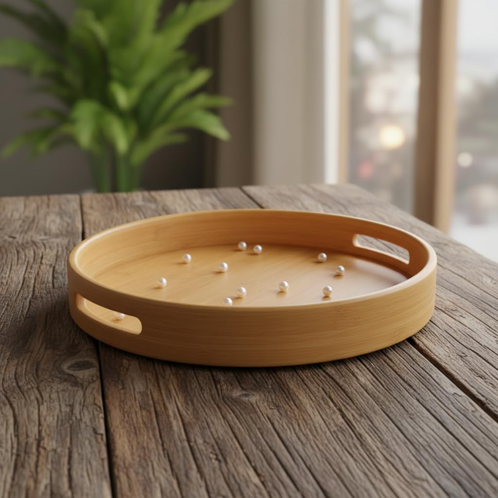 Deconox Taşıma Kulplu Yuvarlak Bambu Tepsi (30 cm) | Doğal Ahşap Servis Tepsisi | Kahve, Kahvaltı ve Dekoratif Masaüstü Organizeri