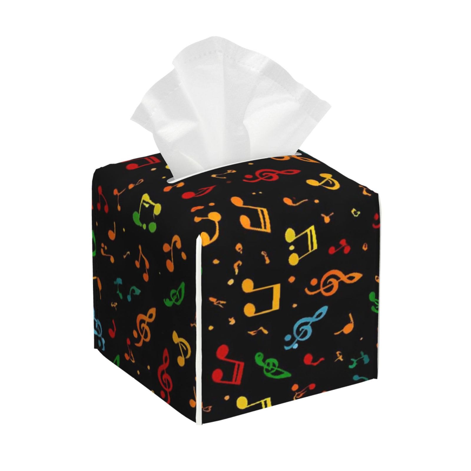 Colorful Music Note Black Leather Tissue Box Cover Holder Square Facial Paper Organizer 5.2" X 5.2" X 5.2"