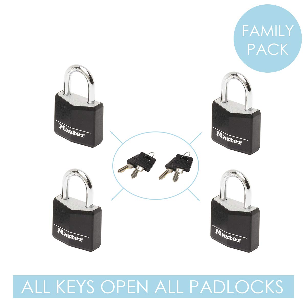 MASTER LOCK Petits Cadenas [Clés communes] [Pack Familiale de 4] 9120EURQBLKNOP - Idéal pour les Sacs à Dos, les Bagages, les Valises, les Casiers et plus