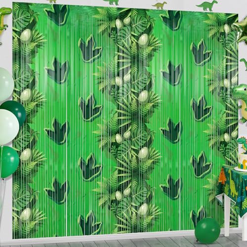 2PCS Dinosaur Foil Fringe Backdrop Curtains, Dinosaur Birthday Party Decorations Dino Party Decor Supplies for Boys Kids Jurassic Dino Themed Birthday Decorations
