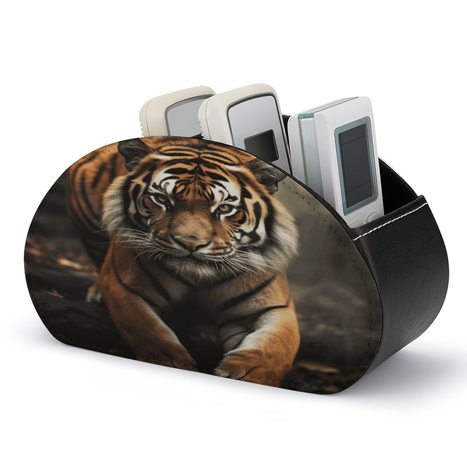 FodPand Wild Animals Tiger Remote Control Holders PU Leather Remote Caddy Desktop Organizer with 5 Compartments TV Remote Holder Box Tray for Bedside Table Office Desk Accessories&Gift