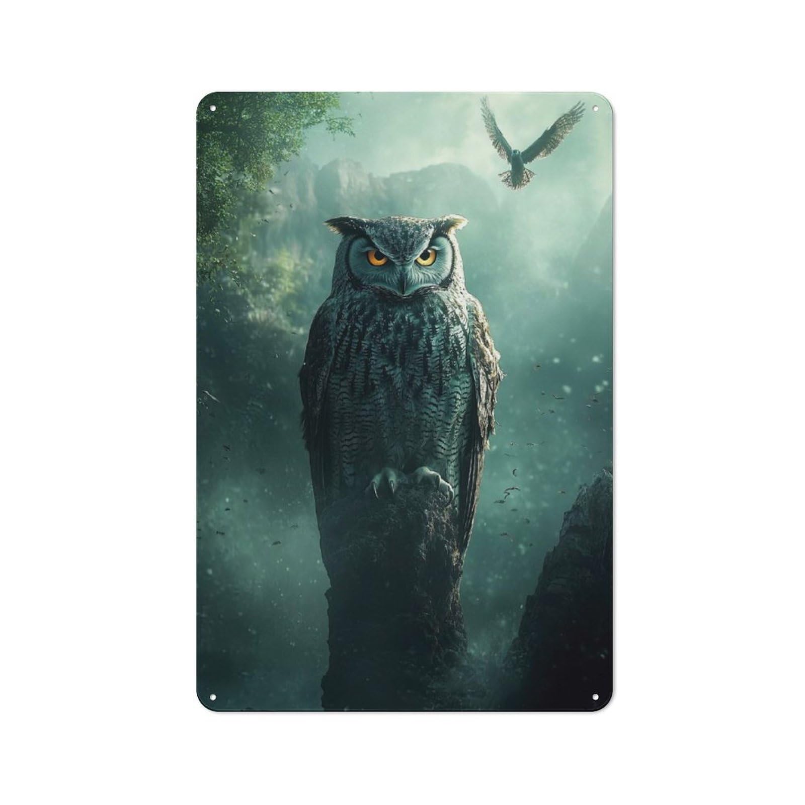 Junmoney Style-7 Metal Wall Sign 30X20cm Featuring Majestic Owl In Forest For Café Or Home Bar, A Decorative Gift For A Newly Furnished Café And Home Bar