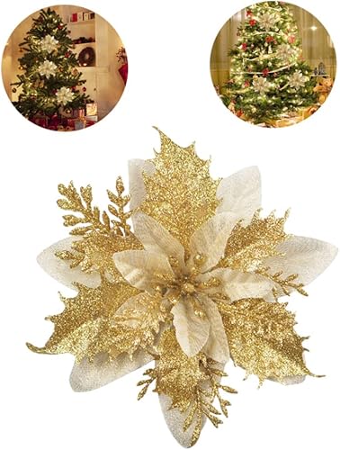 Miniatura 7 de Flores de Pascua de Navidad artificiales con purpurina, arbustos de nochebuena para decoración del árbol de Navidad, 12 unidades, flores de Navidad