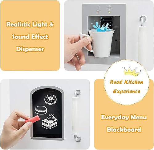 Miniatura 8 de Fireflowery - Juego de cocina para niños, cocina infantil con sonido simulado, utensilios de accesorios, pizarra, fregadero, estufa, gabinetes,