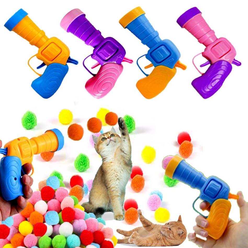 Interactive Cat Toys, Cat Ball Toy with 4 Launcher and 100 Colorful Plush Cat Balls, Ball Shooter for Kitty, Dog and Pet, Indoor Cat Toy for Training, Playing, Funny (Cat Ball Launcher)