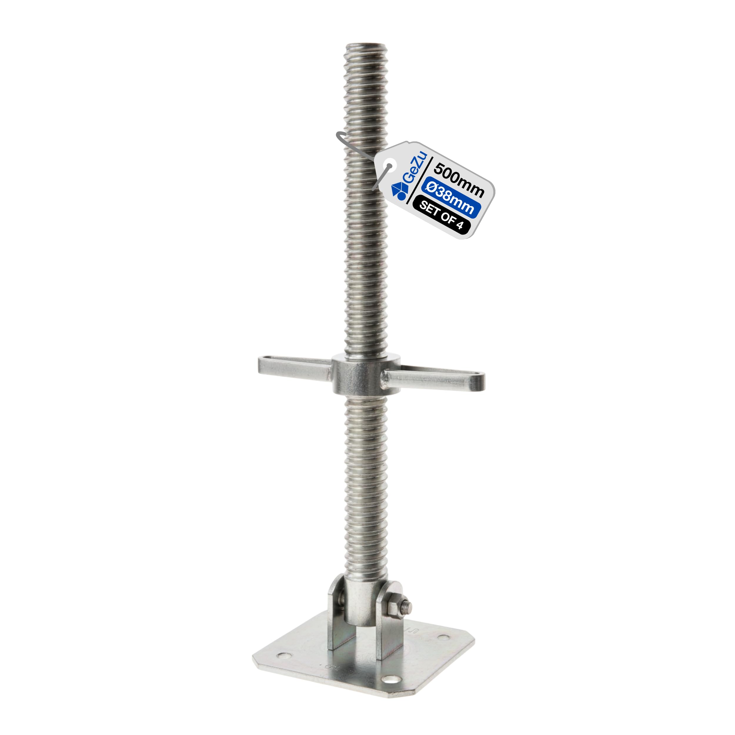 GeZu Impex Pied d'échafaudage avec Tige Filetée Ø 38 x 500 mm Lot de 4 | Galvanoplastie plaques de pieds réglables