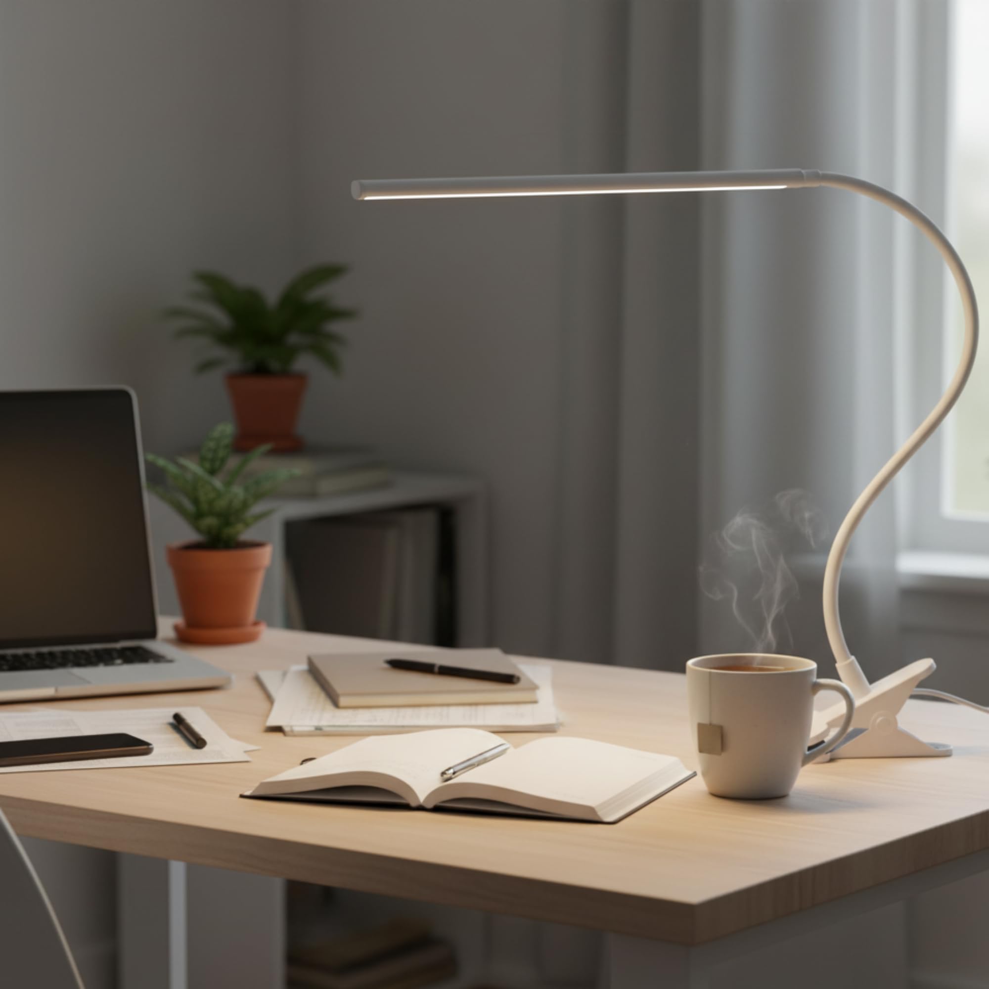 Burakh White Clip On Desk Lamp Led Reading Night Light Usb Clamp Work Adjustable Flexible 4000K (White)