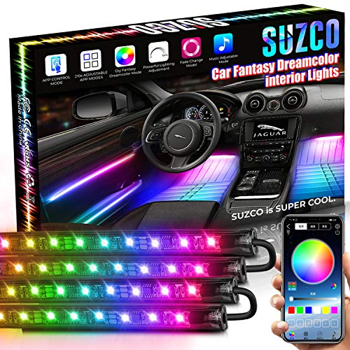 SUZCO Interior Car Lights, 4pcs 48 LED Lights for Car with Bluetooth & App Control, DC 12V 2-in-1 Multicolor Music Car Lighting Kit with Car Charger