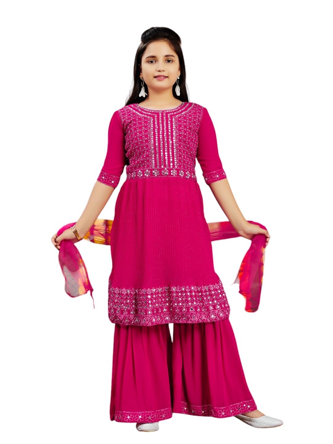 Aarika Girls Ethnic Wea Rani Blue Colour Mirror Embroidery Georgette Kurti Sharara Set (5-16 Years)