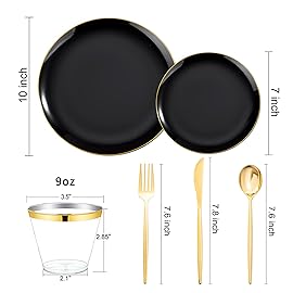 bUCLA 150PCS Black and Gold Plastic Plates - Black Gold Plastic Dinnerware Set Disposable - Include 25 Dinner / 25 Dessert Plates, 25 Knives, 25 Forks, 25 Spoons, 25 Cups, Ideal for Party & New Year