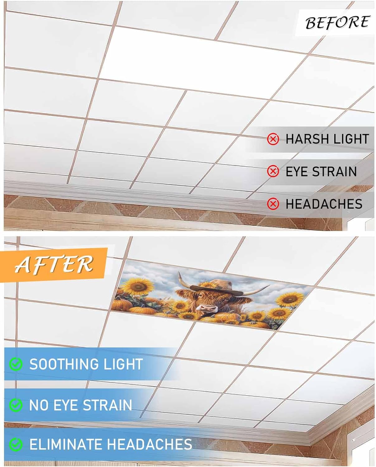 Fall Cow Sunflower Magnetic Fluorescent Light Covers for Ceiling 2 x 4 Feet, Thanksgiving Pumpkin Blue Sky Office Classroom Kitchen Drop Ceiling Light Covers Lighting Filters Shade Panel 2 Packs
