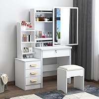 joukares Dressing Table with Mirror and Stool, Vanity Table with LED Lights Mirror(3 Modes Color), Makeup Desk with Storage Drawers & Shelves, Small Make Up Table for Bedroom (White)