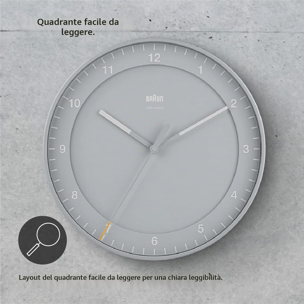 Braun Orologio analogico grande da parete Radiocontrollato Classic per il fuso orario dell'Europa centrale (DCF/GMT+1) con movimento a scansione silenzioso, diametro 30 cm, grigio, modello BC17G-DCF.