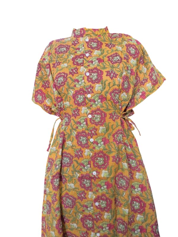 Image of Women's Cotton Full Front Open Dress | Mandarin Collar Button-Down | Darted Waist with Multi Tie-Up | Calf Length | Maternity, Feeding, Elderly & Hospital Wear | Sizes L-3XL