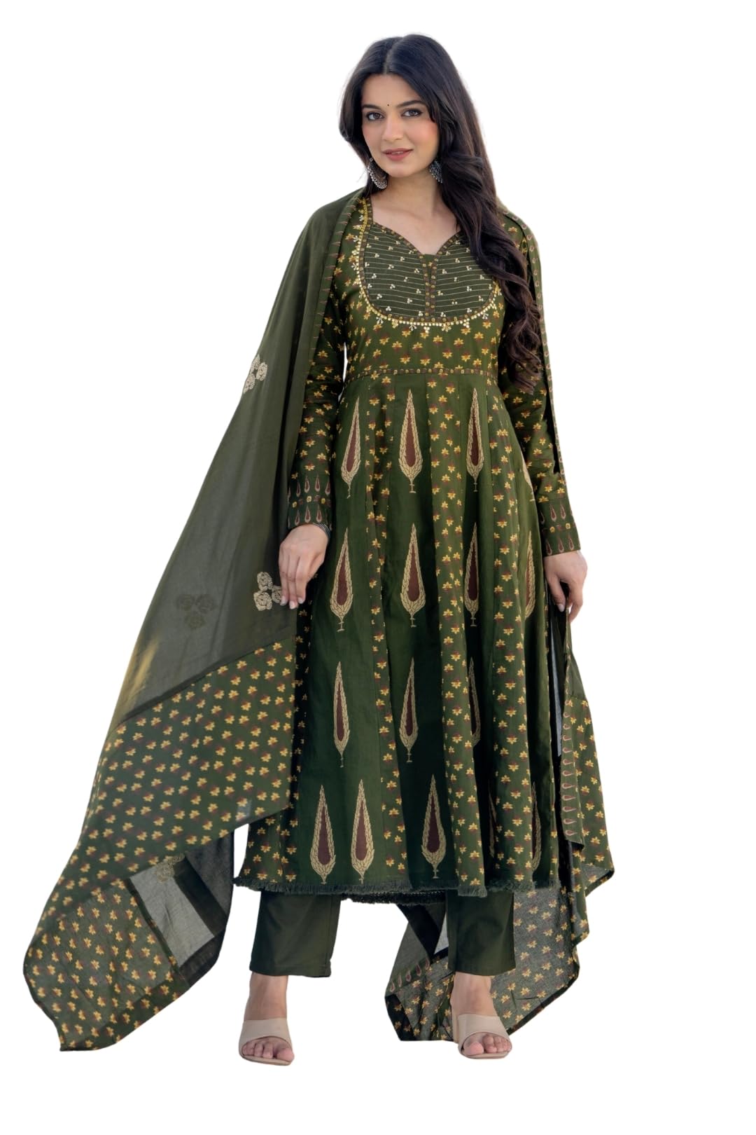 pistaa's Women's Pure Cotton Elegant Printed Anarkali Pure Cotton Kurta with Trousers & With Dupatta Set-picture-35