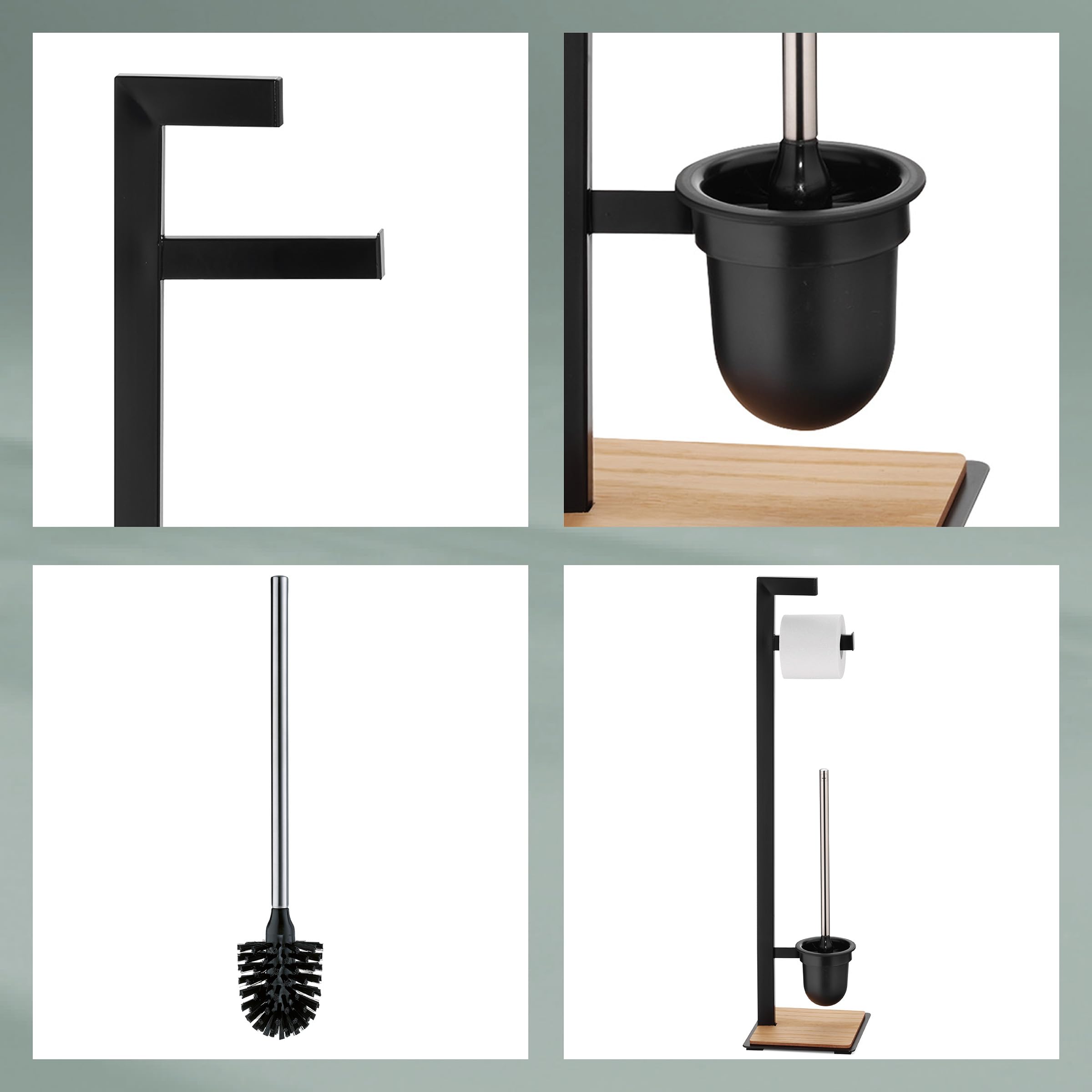 kela Juego de baño con portarrollos y escobillero de 82 cm, escobilla de baño negra con soporte abierto OAK, metal con recubrimiento en polvo mate