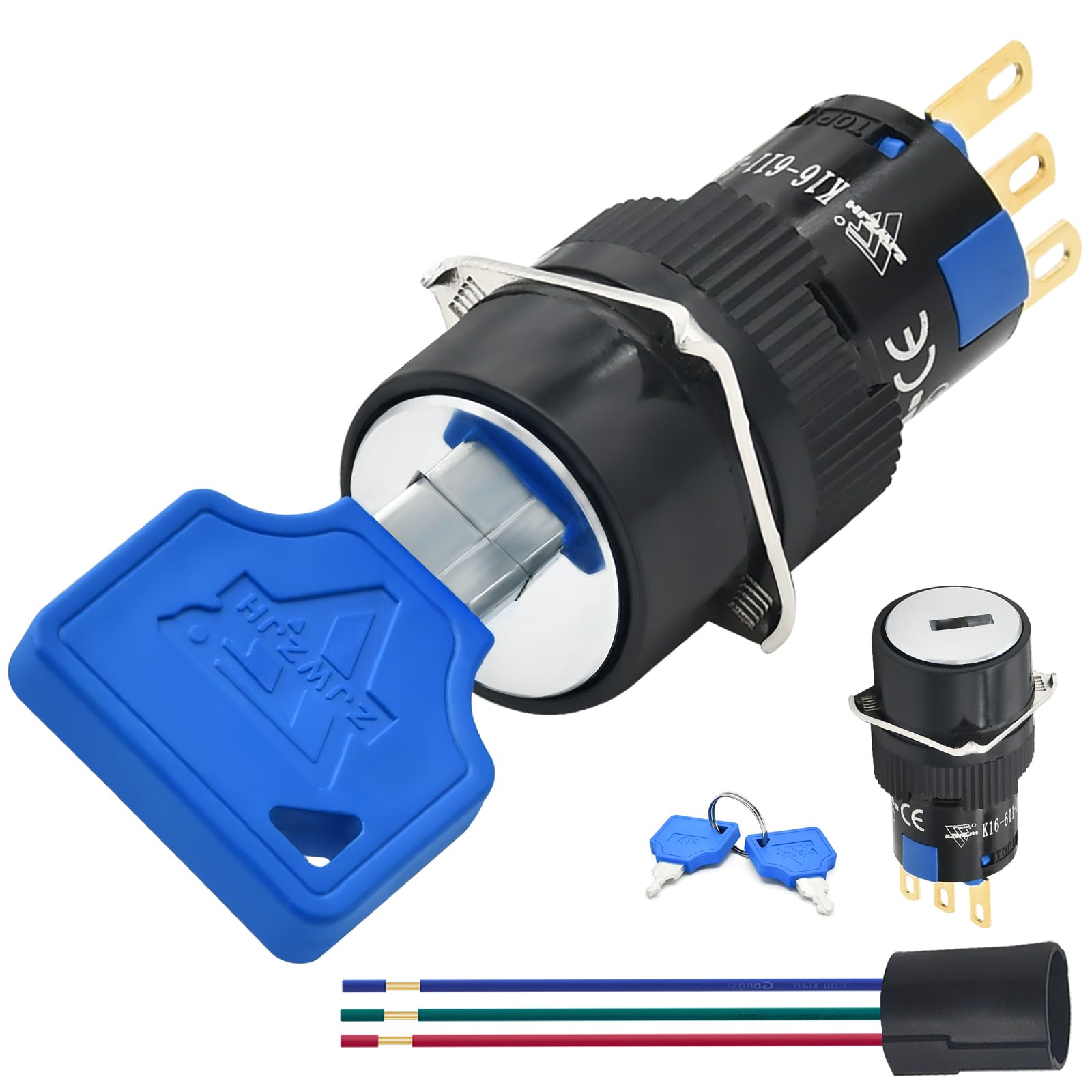 2 Pcs 16mm 5/8" SPDT Round Terminal Key Lock Switch, Selector On Off, 2 Position, Maintained Latching With 4 Keys and Wire Socket, UL Certification