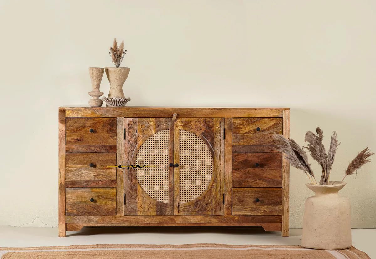 Solid Mango Wood Sideboard for Storage with 4 Doos 4 Shelf Cabinet for Storage |Buffet Closet for Kitchen and Living Room Colour White Distressed & Natural Wood 60x36x15 Inches (S2)-image-27