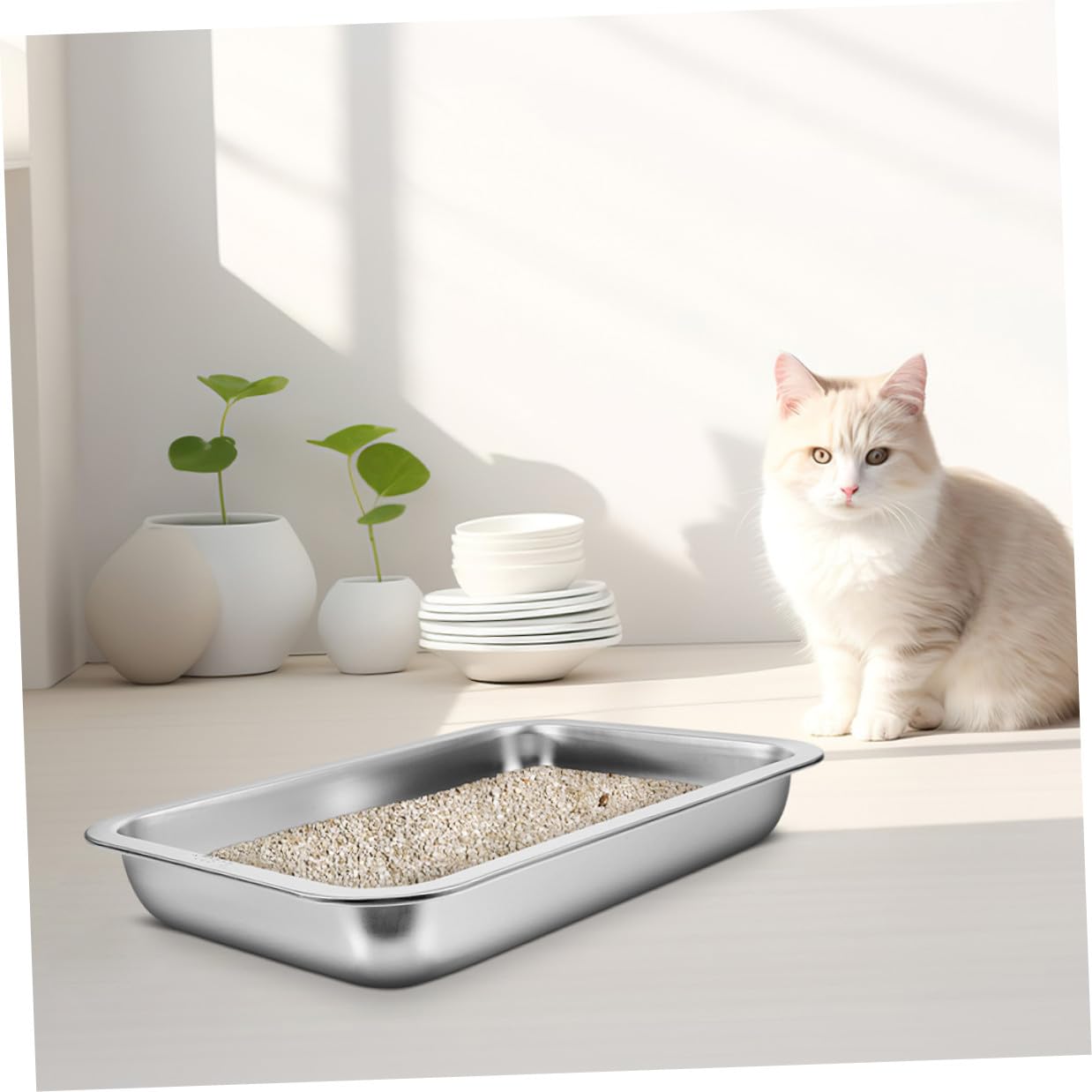 Luxshiny Lettiera per Gatti in Acciaio Inox 304 Aperta, Grande Capacità 2 Pezzi, Toilette per Gattini Resistente senza Perforazioni, per Uso Domestico e Viaggi