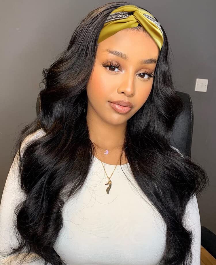 AISI HAIR Long Wavy Black Headband Wig Body Wave for Women Girl Synthetic Natural Looking Black Wig Curly Hair with Headband Attached for Daily Party Use