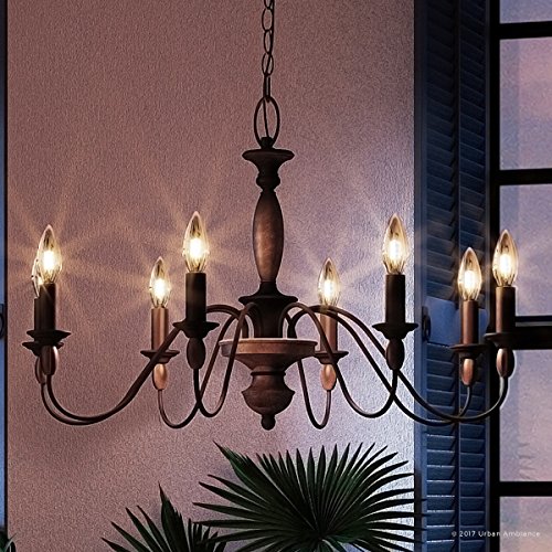 Luxury Americana Chandelier, Medium Size: 19.5"H x 29"W, with Shabby Chic Style Elements, Stained Wood Corinthian Stem, Rustic Bronze Finish and Exposed Bulbs, UQL2351 by Urban Ambiance