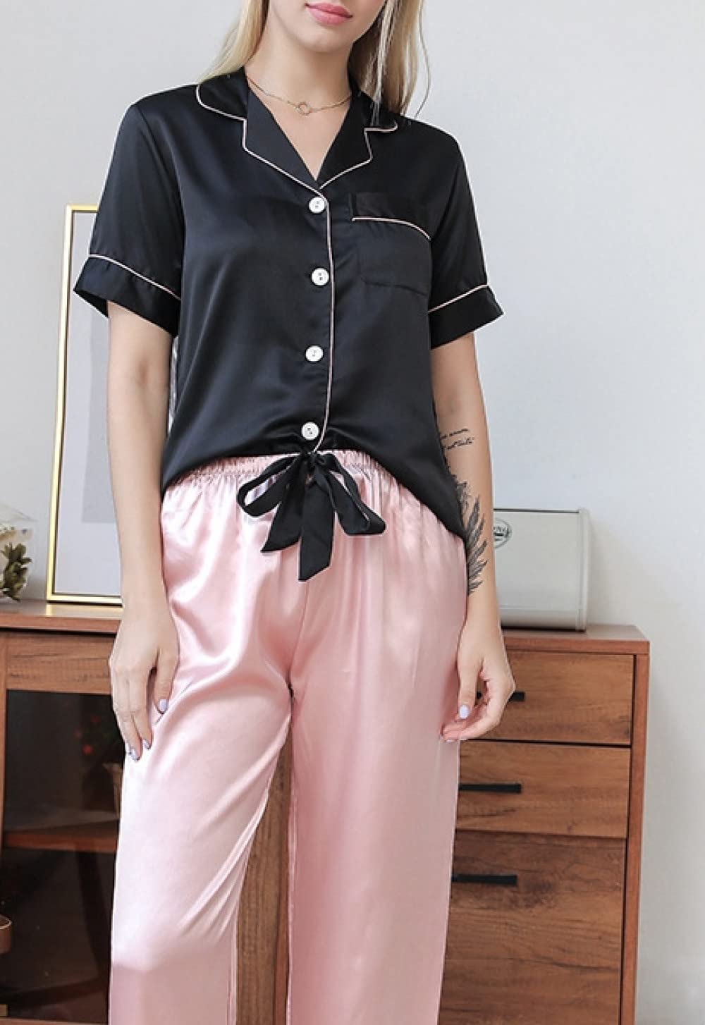 Donna Pigiama Estivo Due Pezzi,Risvolto Nero Top Rosa Pantaloni Donna Estate Pigiama 2 Pezzi Set Morbido Pigiama alla Moda Loungewear Regalo Festa della Mamma per Moglie Fidanzata Mamma