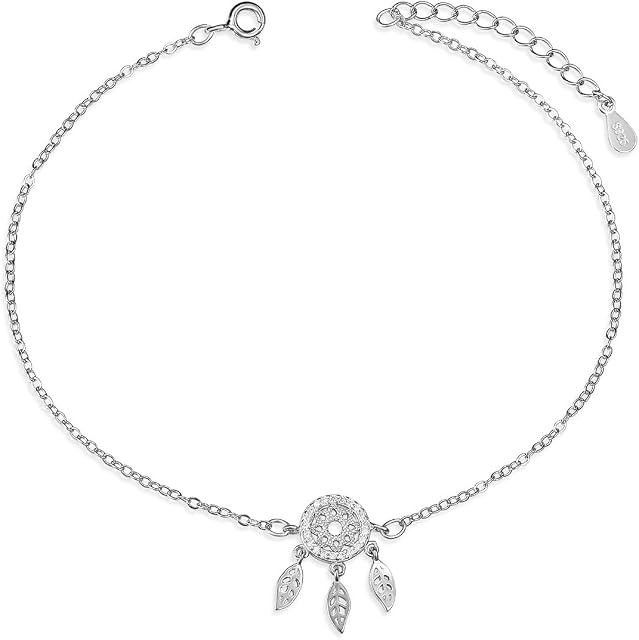 SHEGRACE Dreamcatcher Ankle Bracelet, 925 Sterling Silver Anklets with Net and Leaves Charm, Ankle Bracelet for Women Girls, 210mm, Adjustable, Gift for Valentine's Day Birthday Anniversary