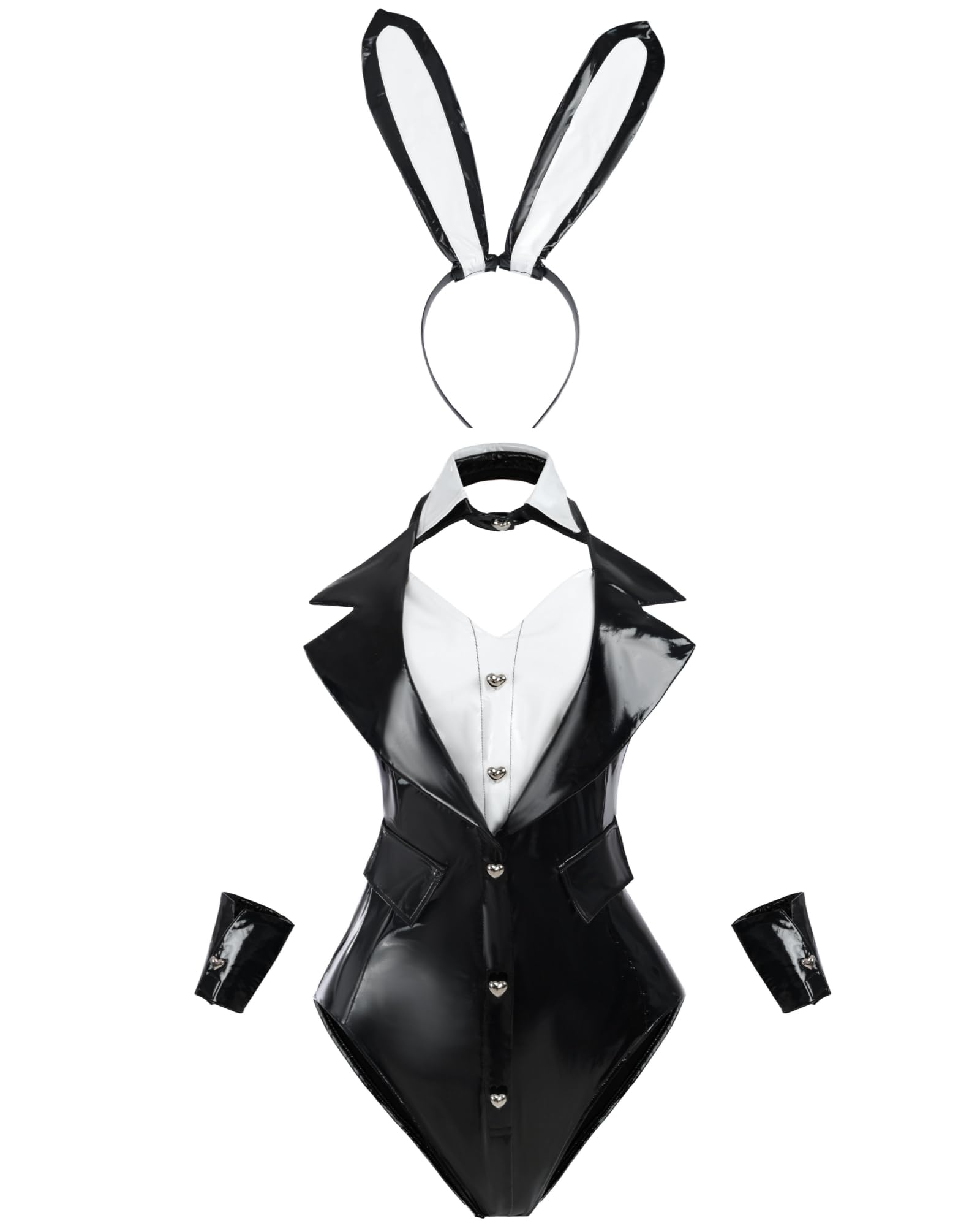 FCCAM Wetlook Bunny Costume Women's Shiny Patent Body with Rabbit Ears Anime Senpai Bunny Suit for Halloween and Carnival M โ image 1