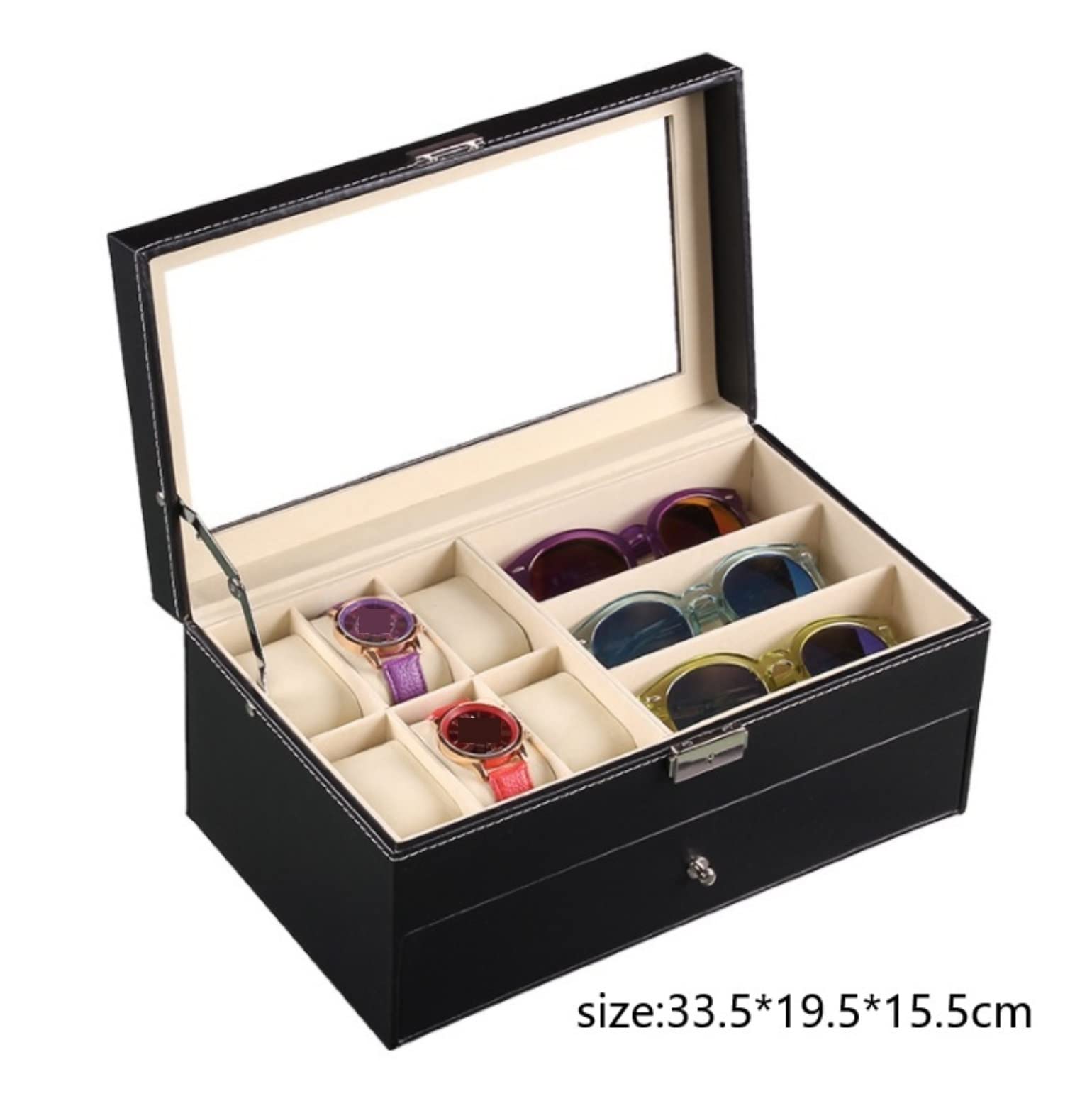 Uhrenbox-Organizer, Uhrengehäuse, doppelschichtiges PU-Leder, 6 Fächer, Uhrenbox, 9 Stück, Brillenaufbewahrung, Ausstellungshalter, Schublade, abschließbares Gehäuse, Uhrenständer, Uhrenbox