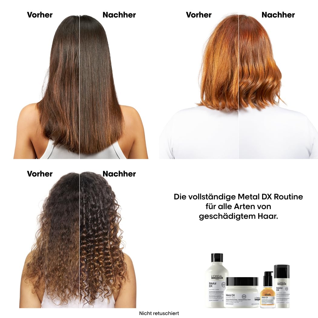 L'Oréal Professionnel Pflegeduo für alle Haartypen, beugt Haarbruch & Farbveränderungen vor, Anti-Frizz, Hitzeschutz, Mit Glicoamin, Serie Expert, Metal DX Haarmaske & Leave-In Cream